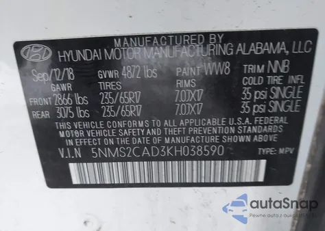 2019 Hyundai Santa Fe Se z USA, uszkodzony, nr VIN 5NMS2CAD3KH038590